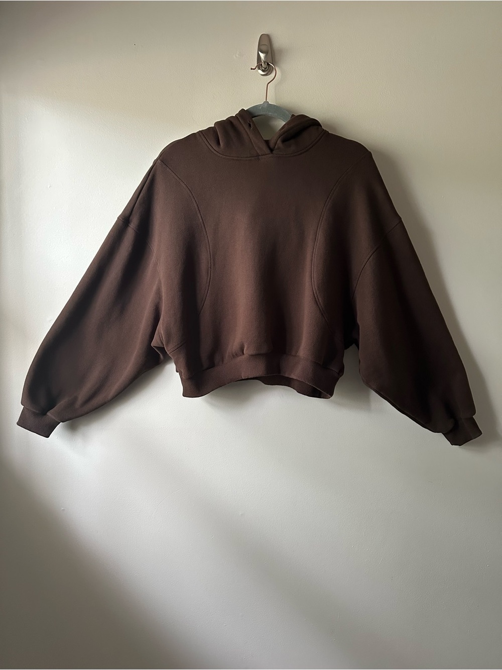 Lazy Sunday Cropped Chocolate Brown Hooded Sweater Size M Athleisure Cozy